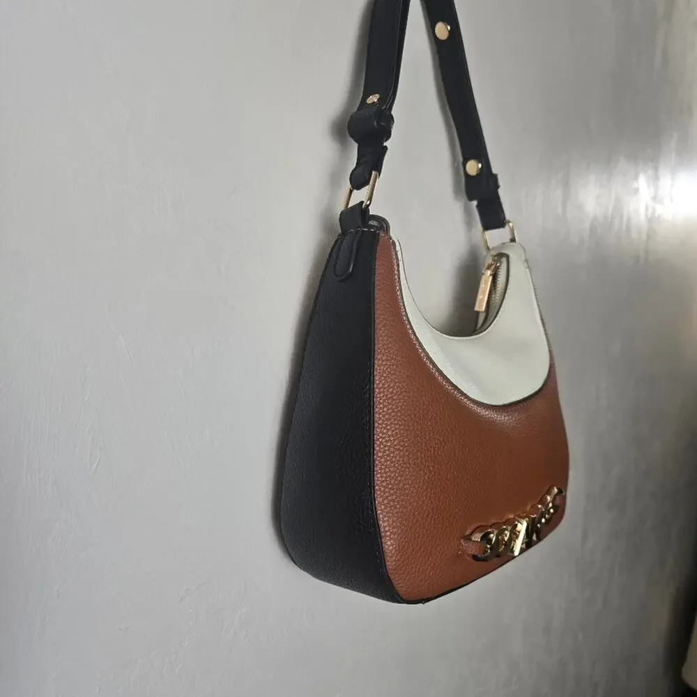 Anne Klein Two Tone Hobo Bag Brown Cream Black Faux Leather Chic Shoulder Purse